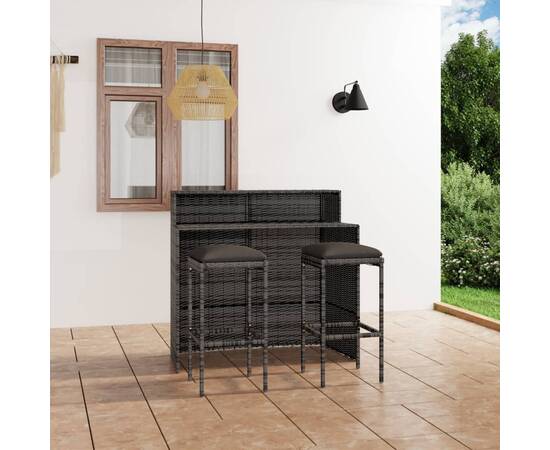 Set mobilier bar de grădină cu perne, 3 piese, gri