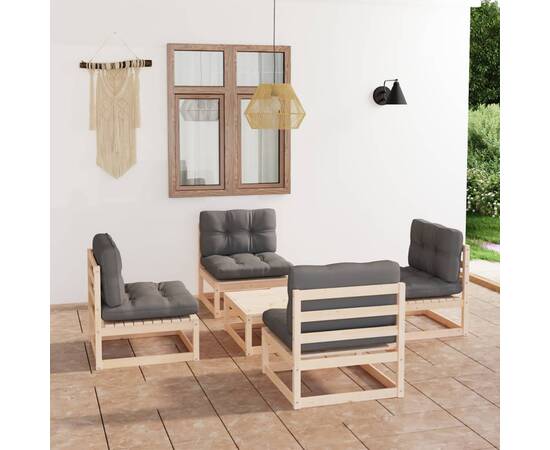 Set mobilier de grădină cu perne, 5 piese, lemn masiv de pin