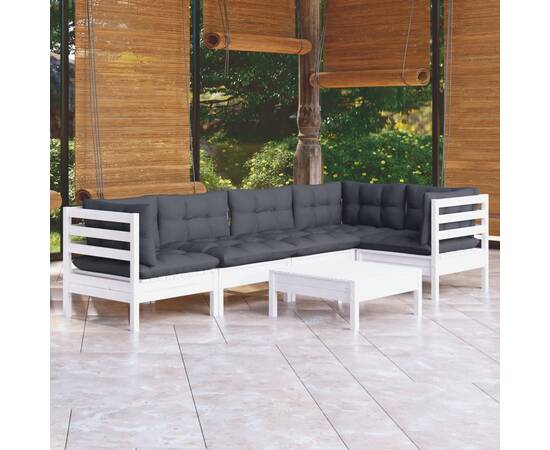 Set mobilier de grădină cu perne, 6 piese, alb, lemn de pin