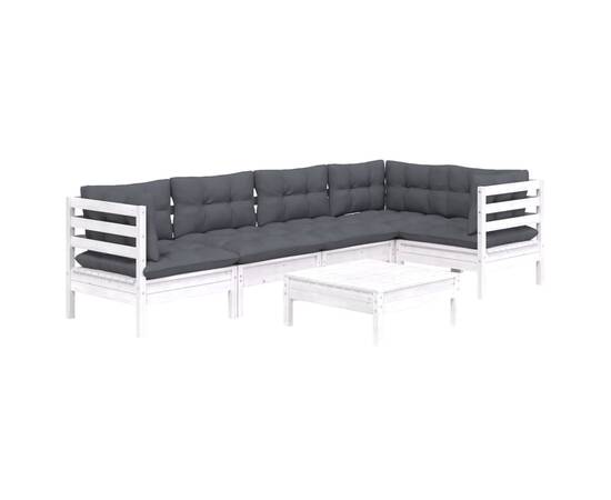 Set mobilier de grădină cu perne, 6 piese, alb, lemn de pin, 3 image