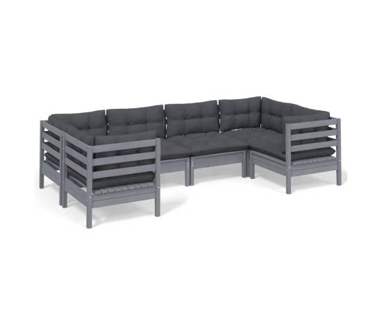 Set mobilier de grădină cu perne, 6 piese, gri, lemn masiv pin, 2 image