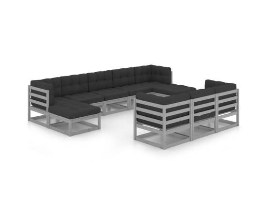 Set mobilier de grădină cu perne, 10 piese, gri, lemn masiv pin, 2 image