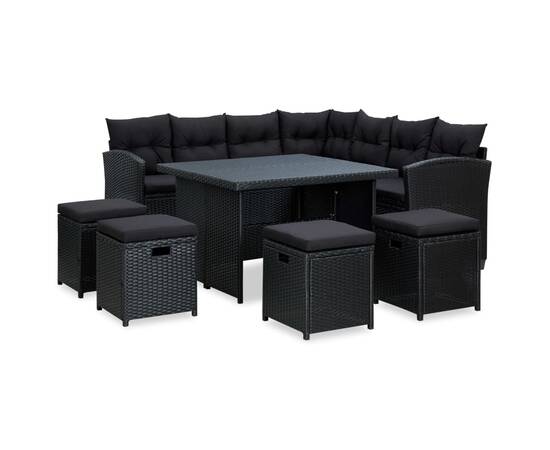 Set mobilier de grădină cu perne, 6 piese, negru, poliratan