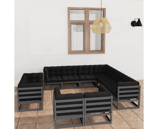 Set mobilier de grădină cu perne,11 piese,gri,lemn masiv de pin