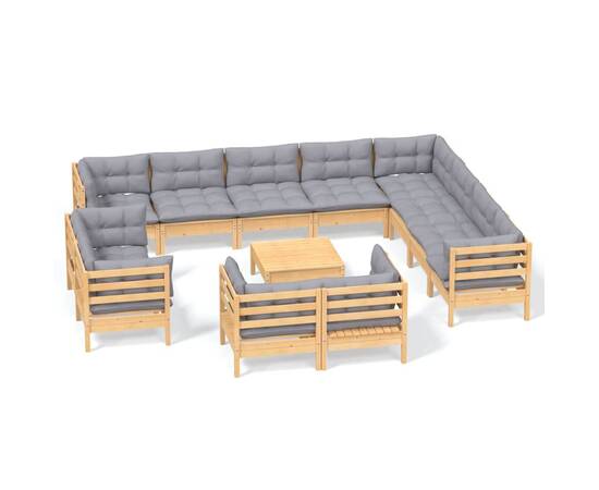 Set mobilier grădină cu perne, 13 piese, gri, lemn masiv pin, 2 image