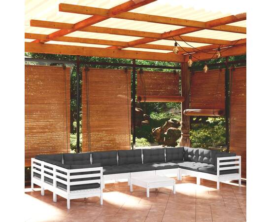 Set mobilier de grădină cu perne, 11 piese, alb, lemn masiv pin