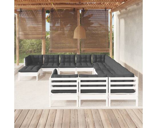 Set mobilier de grădină cu perne, 12 piese, alb, lemn de pin