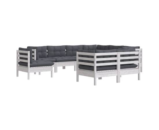 Set mobilier de grădină cu perne, 9 piese, alb, lemn masiv pin, 3 image