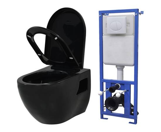 Vas de toaletă suspendat cu rezervor încastrat, negru, ceramică