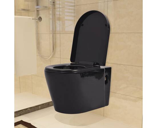 Vas toaletă suspendat cu rezervor încastrat, ceramică, negru, 2 image