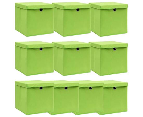 Cutii depozitare cu capace, 10 buc., verde, 32x32x32 cm, textil