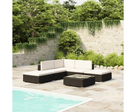 Set mobilier de grădină cu perne, 6 piese, negru, poliratan
