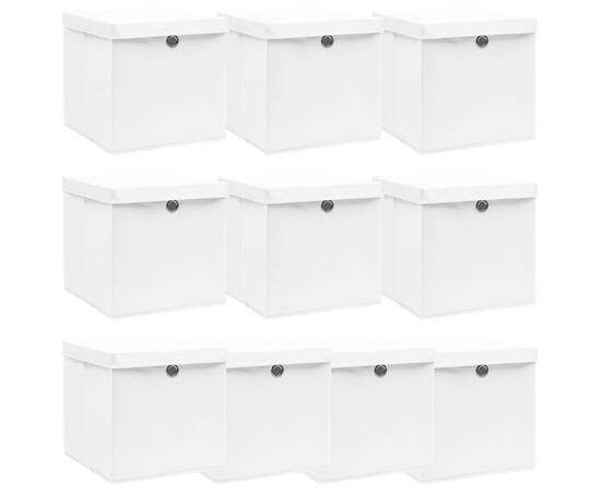 Cutii depozitare cu capace, 10 buc., alb, 32x32x32 cm, textil