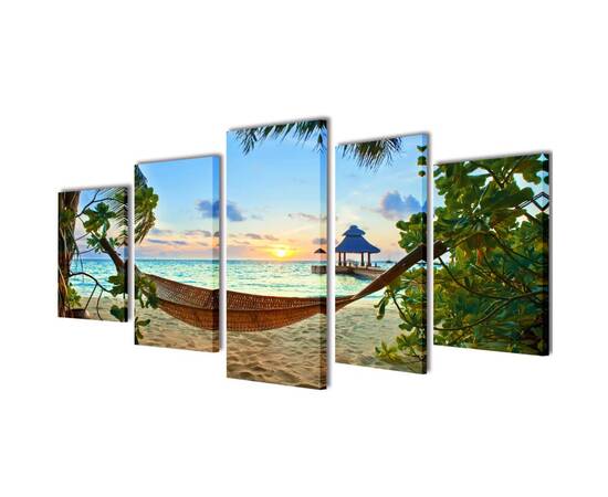 Set tablouri din pânză cu imprimeu plajă cu nisip și hamac, 200x100 cm