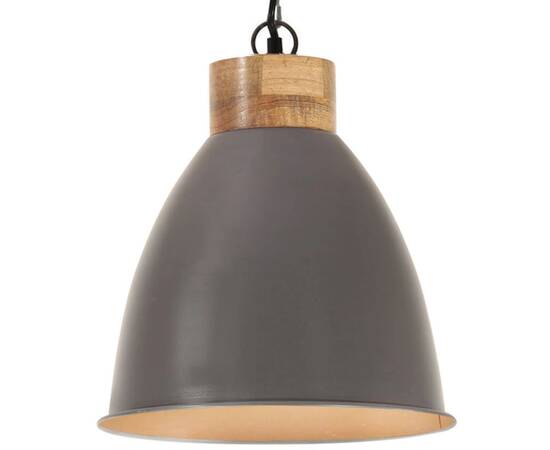 Lampă suspendată industrială, gri, 35 cm, lemn masiv&fier, e27