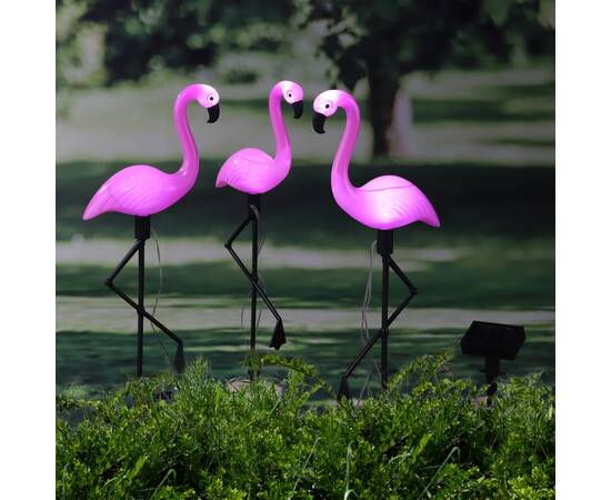Hi lampă solară de grădină cu led și țăruș, flamingo, 3 buc.
