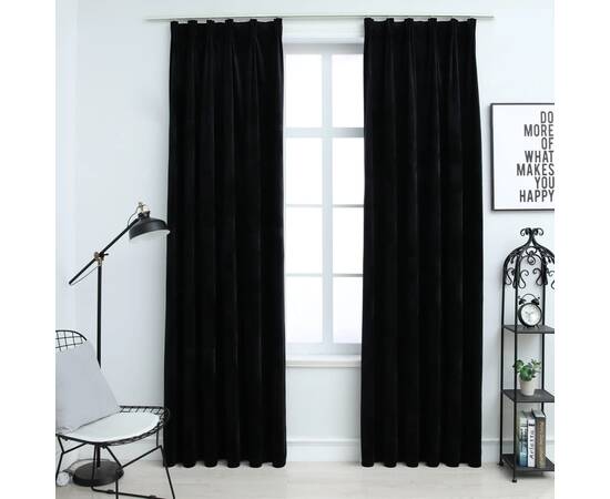 Draperii opace, 2 buc., negru, 140x225 cm, catifea, cu cârlige