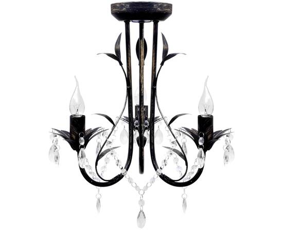 Candelabru metal negru stil art nouveau, mărgele cristal, 3xbecuri e14