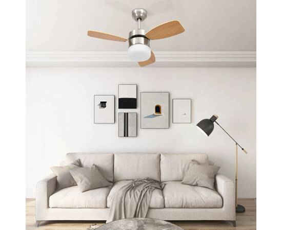 Ventilator tavan cu iluminare/telecomandă, maro deschis, 76 cm