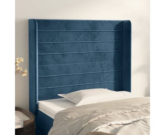 Tăblie pat cu aripioare albastru închis 93x16x118/128cm catifea