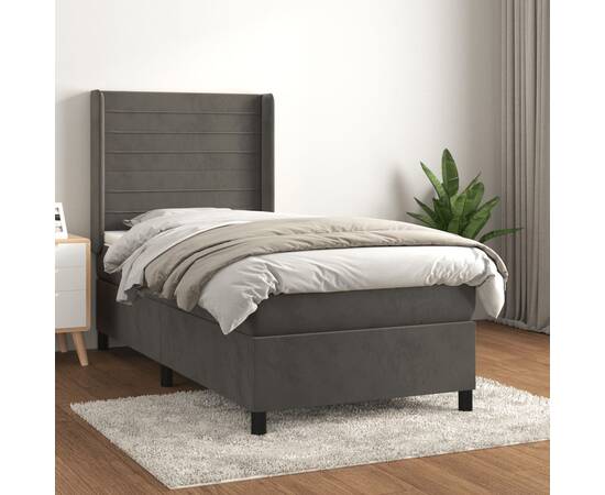 Pat box spring cu saltea, gri închis, 90x190 cm, catifea