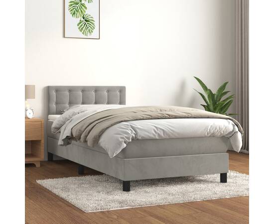 Pat box spring cu saltea, gri deschis, 80x200 cm, catifea