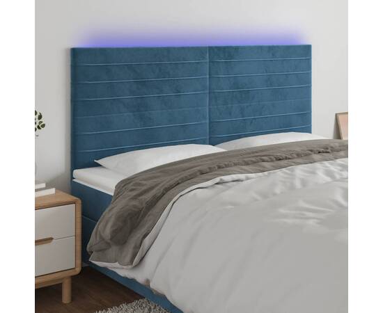 Tăblie de pat cu led, albastru închis, 180x5x118/128cm, catifea