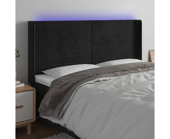 Tăblie de pat cu led, negru, 183x16x118/128 cm, catifea