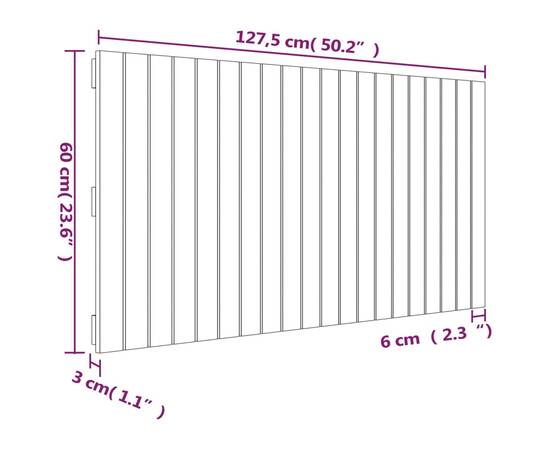 Tăblie de pat pentru perete, alb, 127,5x3x60 cm, lemn masiv pin, 8 image