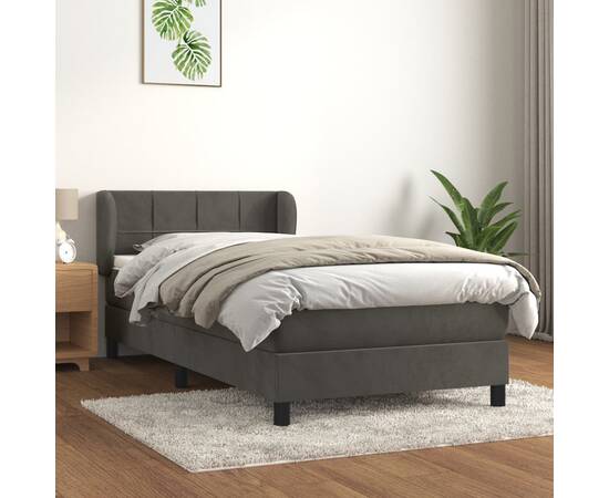 Pat box spring cu saltea, gri închis, 80x200 cm, catifea