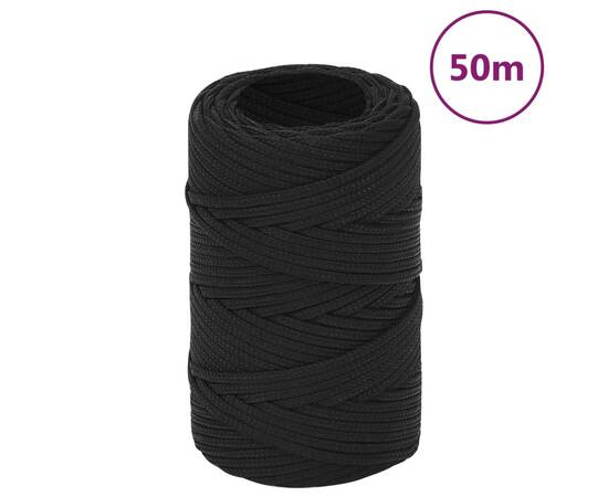 Frânghie de barcă, negru complet, 2 mm, 50 m, polipropilenă