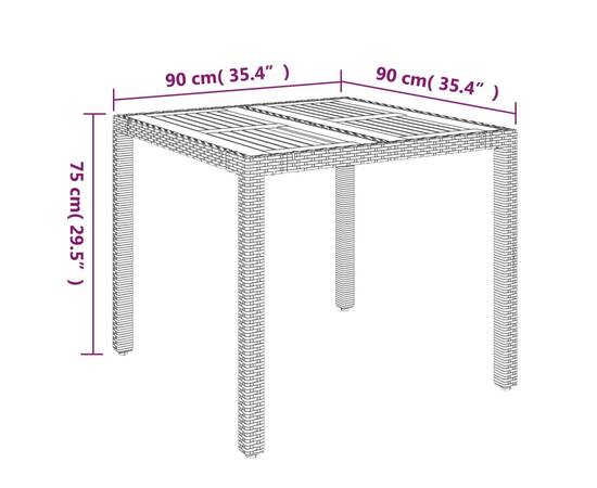 Masă de grădină cu blat din lemn, gri, 90x90x75 cm, poliratan, 6 image