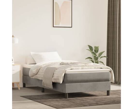 Pat box spring cu saltea, gri deschis, 80x200 cm, catifea