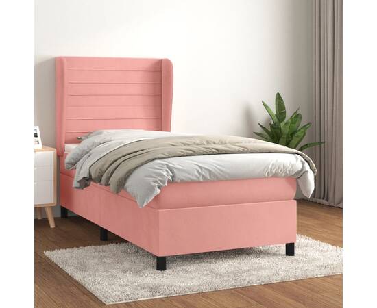 Pat box spring cu saltea, roz, 90x200 cm, catifea