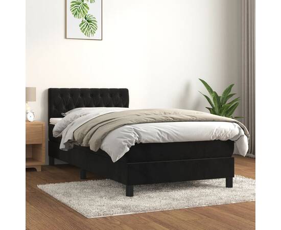 Pat box spring cu saltea, negru, 90x190 cm, catifea