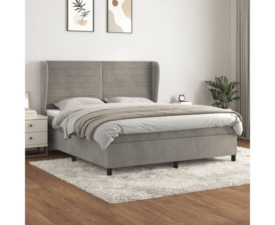 Pat box spring cu saltea, gri deschis, 180x200 cm, catifea