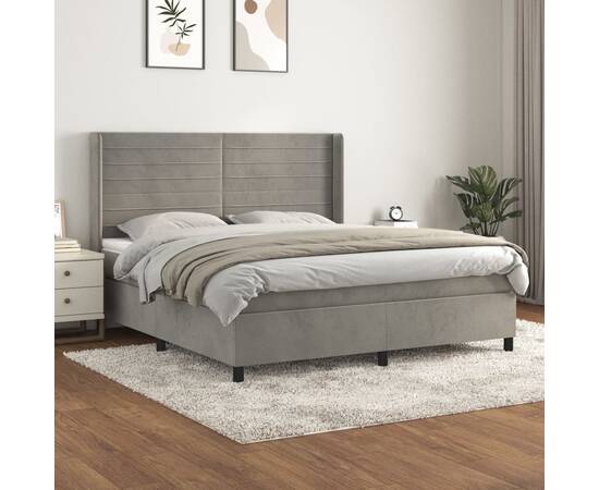 Pat box spring cu saltea, gri deschis, 180x200 cm, catifea