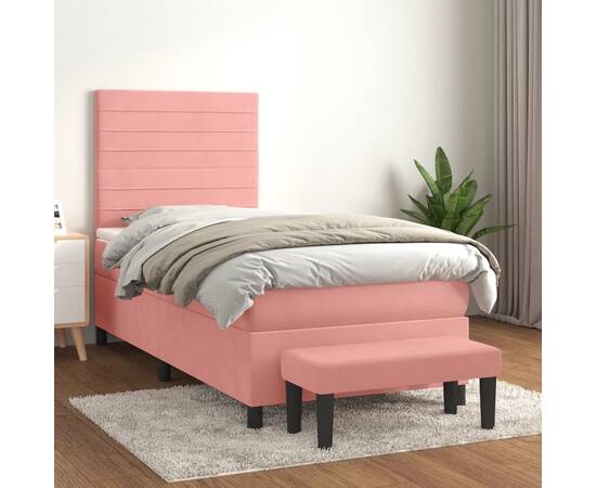 Pat box spring cu saltea, roz, 90x200 cm, catifea