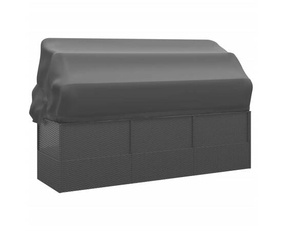 Pat șezlong de exterior cu acoperiș și perne, negru, poliratan, 5 image