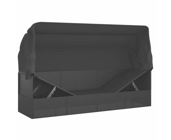 Pat șezlong de exterior cu acoperiș și perne, negru, poliratan, 9 image