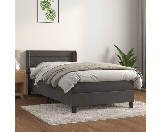 Pat box spring cu saltea, gri închis, 90x190 cm, catifea