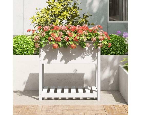 Jardinieră cu raft, alb, 82,5x54x81 cm, lemn masiv de pin, 3 image