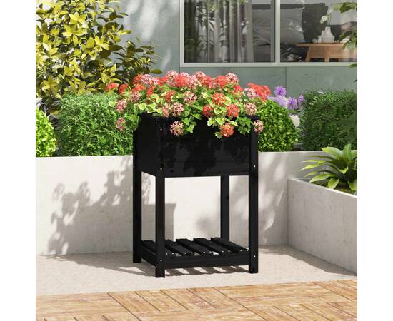 Jardinieră cu raft, negru, 54x54x81 cm, lemn masiv de pin