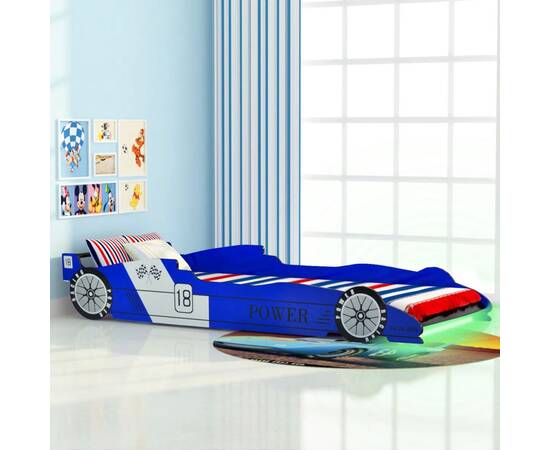 Pat copii mașină de curse, cu led, 90 x 200 cm, albastru