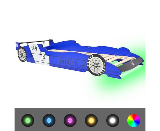Pat copii mașină de curse, cu led, 90 x 200 cm, albastru, 2 image