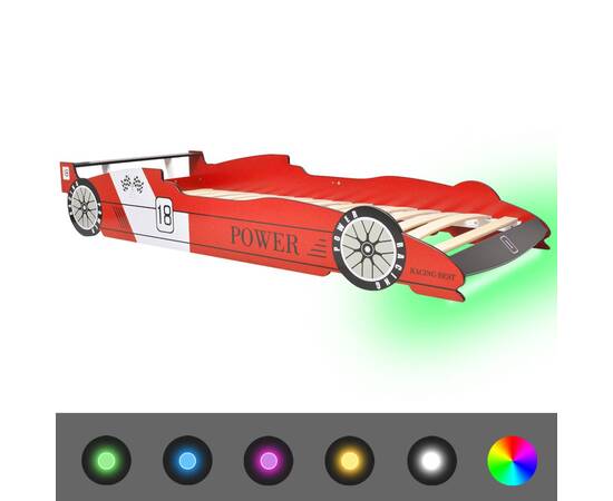 Pat pentru copii mașină de curse, cu led, 90 x 200 cm, roșu, 2 image
