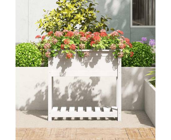 Jardinieră cu raft, alb, 82,5x34,5x81 cm, lemn masiv de pin, 3 image