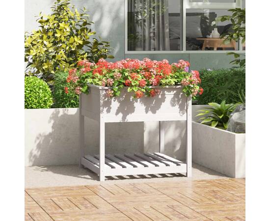 Jardinieră cu raft, alb, 82,5x82,5x81 cm, lemn masiv de pin