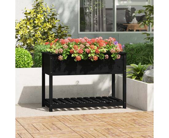 Jardinieră cu raft, negru, 111,5x54x81 cm, lemn masiv de pin