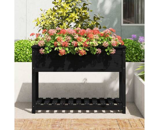 Jardinieră cu raft, negru, 111,5x54x81 cm, lemn masiv de pin, 3 image